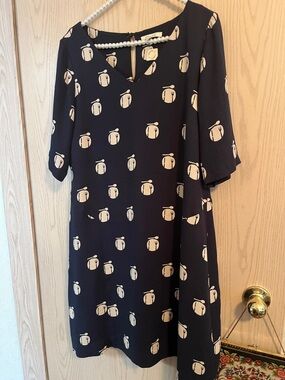 Navy V-Neck Dress with Cream Cutlery Dot Print